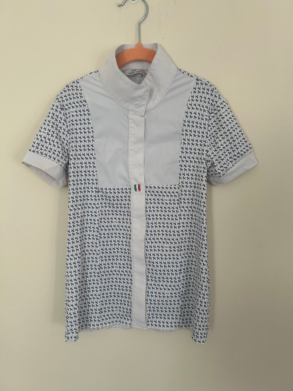 For Horses Ariel Girls Short Sleeve Equestrian Show Shirt Navy Horse Print Sz 6
